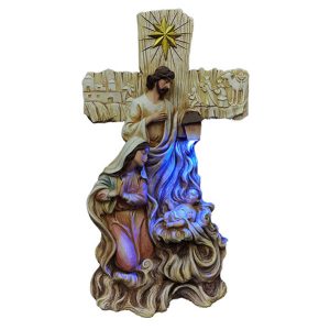 Lighted Up Nativity Cross Figurine with Holy Family-kws22087w