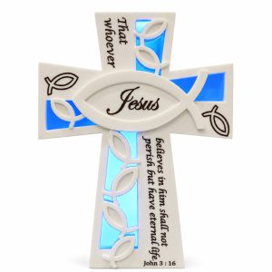 Blue Light John 3:16 Jesus Fish Tabletop Cross-kwa16189