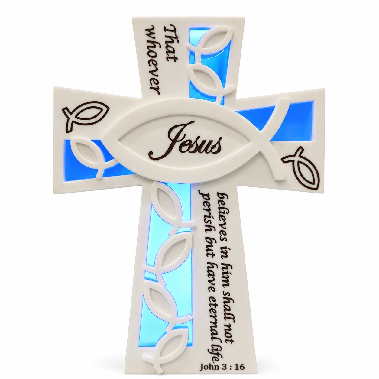 Blue Light John 3:16 Jesus Fish Tabletop Cross-kwa16189 Blue Light John 3:16 Jesus Fish Tabletop Cross-kwa16189