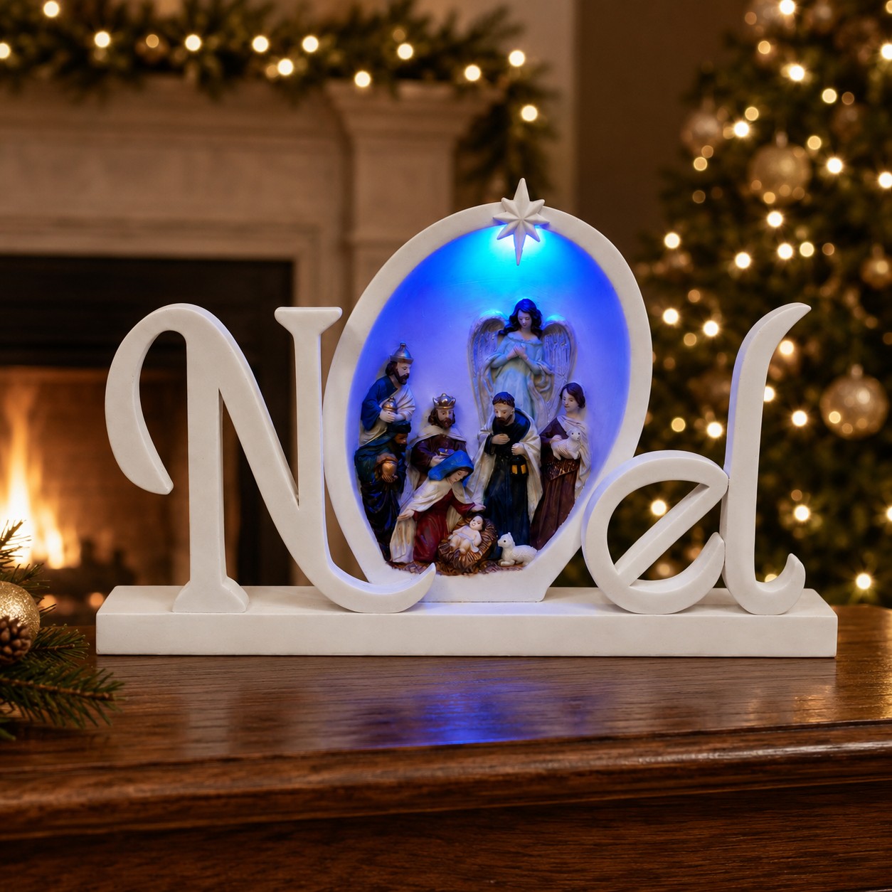 Blue Light Noel Full Nativity Oval Shelf Sign-kws17055c Blue Light Noel Full Nativity Oval Shelf Sign-kws17055c