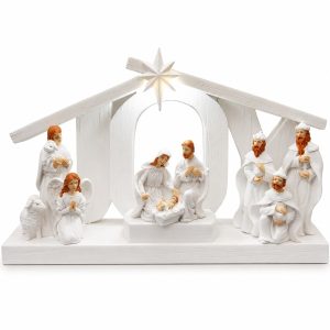 Lighted White Nativity Stable with Angel and Magi-kws17228