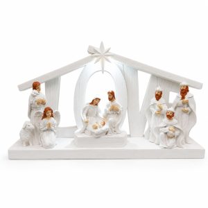 Lighted White Nativity Stable with Kneeling Angel-kws17230