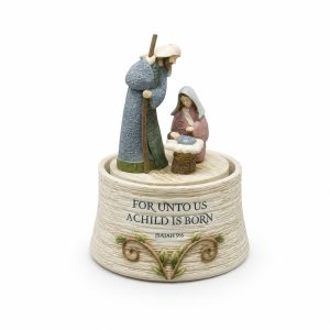 Rotating Holy Family Nativity music box with Isaiah 9:6 scripture-kws22048