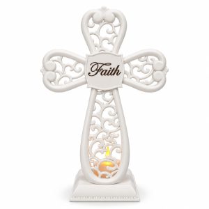 White Faith Cross Candle Holder with Electronic Candle-kwa16045