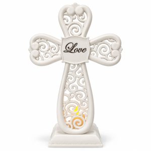 White Love Cross Candle Holder with Electronic Candle-kwa16047