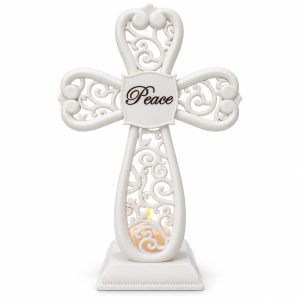 White Peace Cross Candle Holder with Electronic Candle-kwa16048