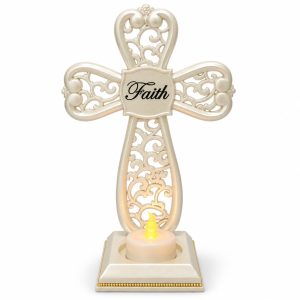 Pearl White Faith Openwork Cross Electronic Candle Holder-kwa16137