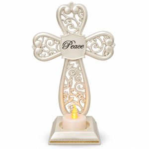 Pearl White Peace Openwork Cross Electronic Candle Holder-kwa16138