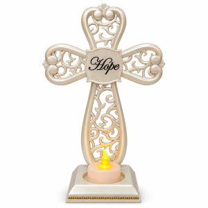 Pearl White Hope Openwork Cross Electronic Candle Holder-kwa16139