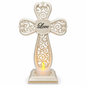Pearl White Love Openwork Cross Electronic Candle Holder-kwa16140