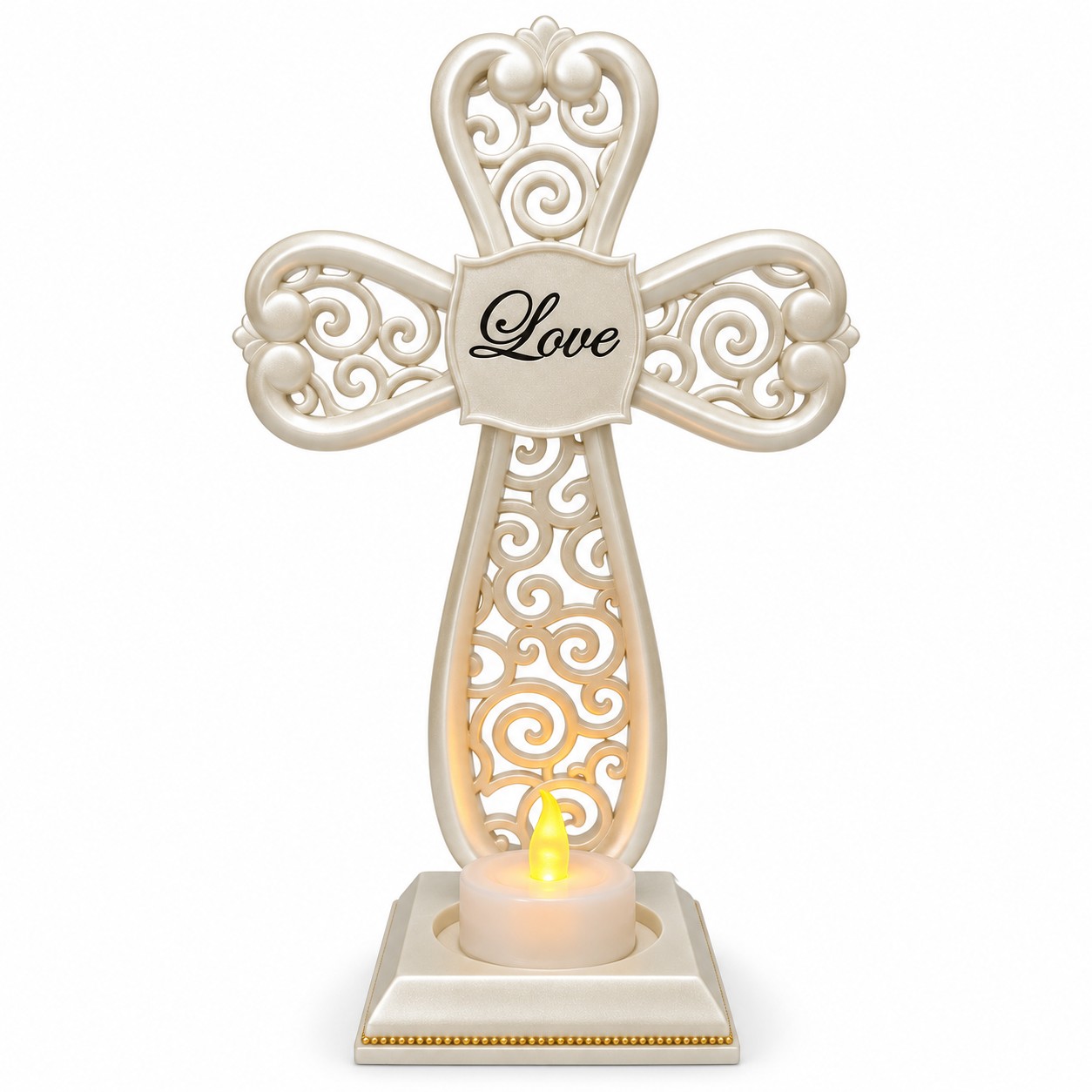 Pearl White Love Openwork Cross Electronic Candle Holder-kwa16140 Pearl White Love Openwork Cross Electronic Candle Holder-kwa16140