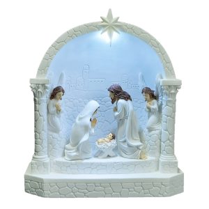 White LED Bethlehem Arch Holy Family Nativity Figurine-kwa24001