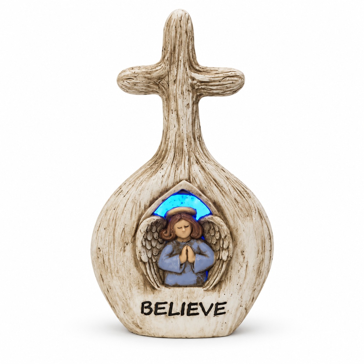 Believe Angel Blue LED Faux Wood Cross-kws16058 Believe Angel Blue LED Faux Wood Cross-kws16058