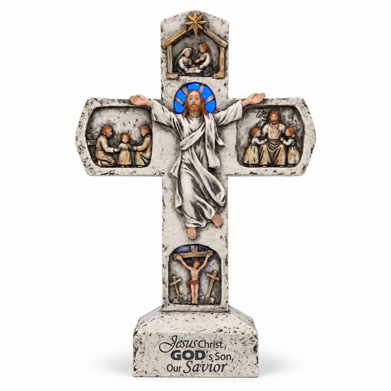 Antique Gray Jesus Life Story Tabletop Cross-kws16066 Antique Gray Jesus Life Story Tabletop Cross-kws16066