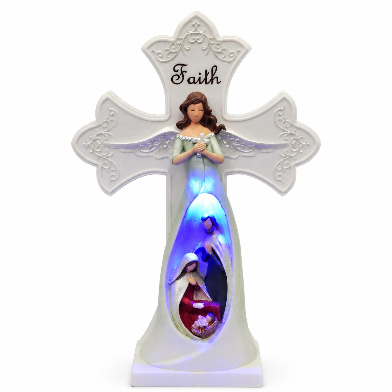 Lighted Faith Cross with Angel and Nativity Scene-kws17031 Lighted Faith Cross with Angel and Nativity Scene-kws17031