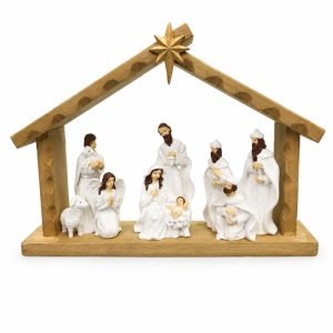 White Nativity Display with Wood-Look Stable and Gold-Tone Star-kws17232