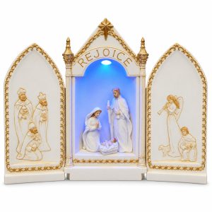 Gold Trim Rejoice Blue LED Holy Family Nativity Triptych-kws18102