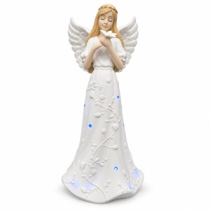 White Angel Figurine with Blue Floral Lights-kws18174