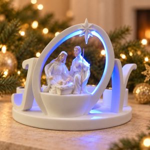 White JOY Monochrome Nativity Candle Holder-ks14a047 scene