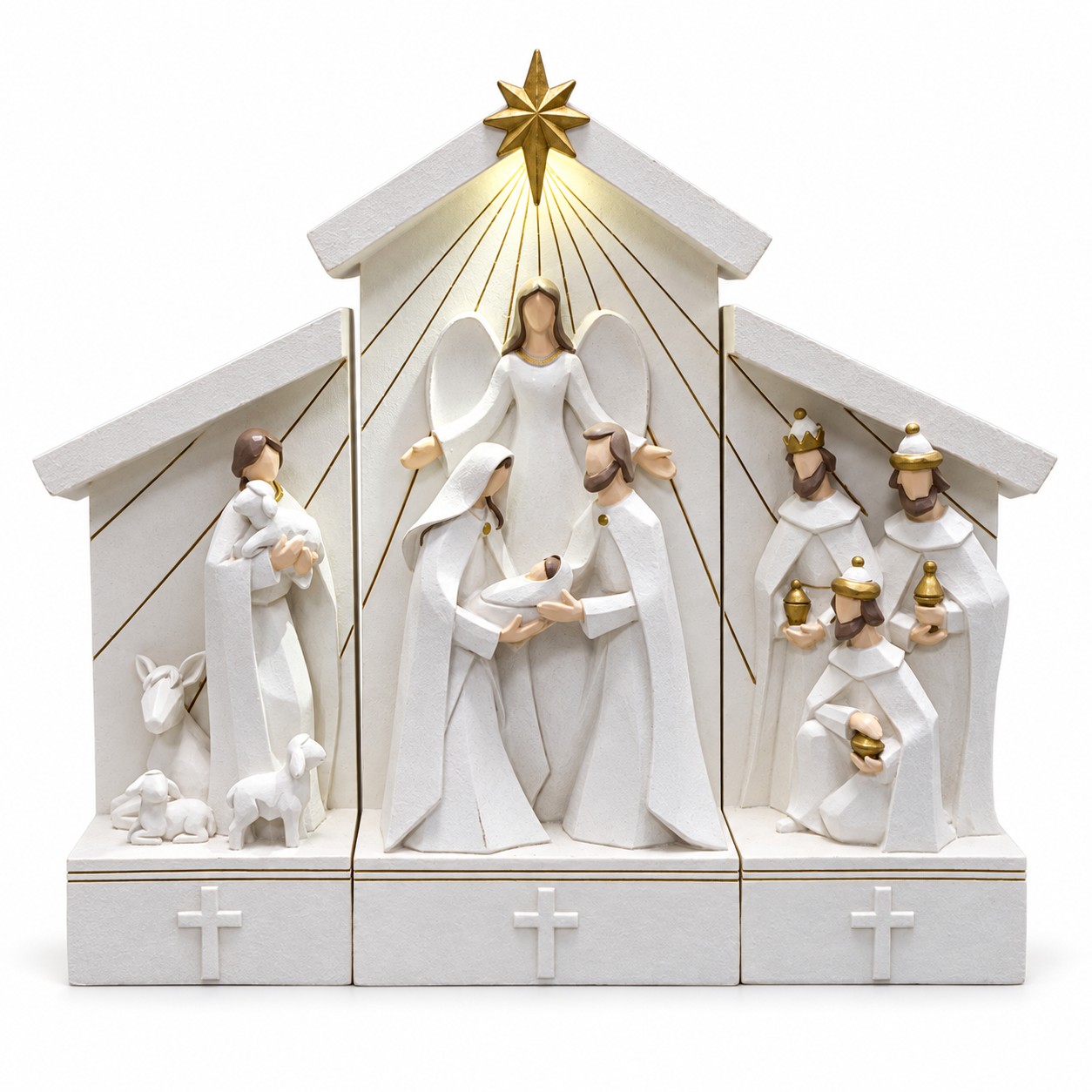 White Gold Modern Nativity Stable Triptych-kwa15244 White Gold Modern Nativity Stable Triptych-kwa15244
