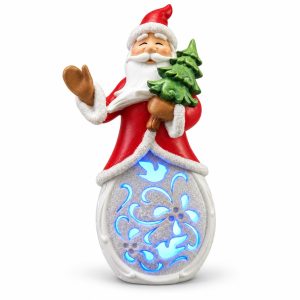 LED Resin Santa Waving with Tree Snowflake Figurine-kwa18004