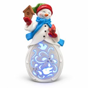 LED Resin Snowman Holding a Birdhouse Snowflake Figurine-kwa18008