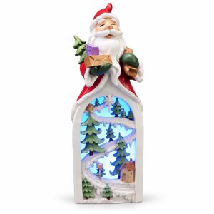 LED Resin Santa Holding Gifts Winter Forest Figurine-kwa18014