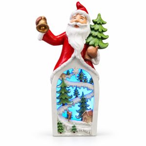 LED Resin Santa Ringing a Bell Winter Forest Figurine-kwa18015