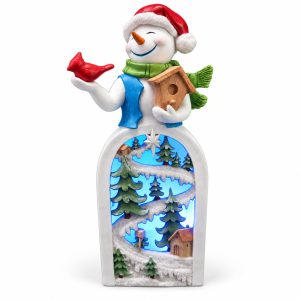 LED Resin Snowman Holding a Bird Winter Forest Figurine-kwa18017