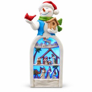 LED Resin Snowman Holding a Birdhouse Nativity Figurine-kwa18021