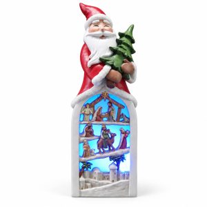 Light -Up Resin Santa Holding a Tree Nativity Figurine-kwa18032