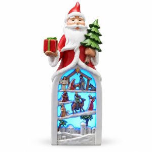 LED Resin Santa Holding a Gift and Tree Nativity Figurine-kwa18033