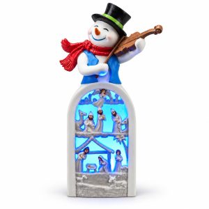 LED Resin Snowman Blue-Vest Violinist Nativity Figurine-kwa18034