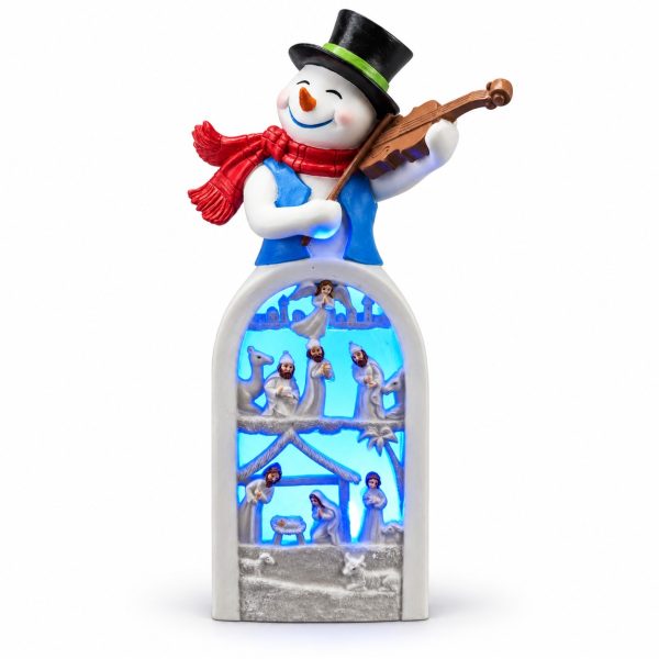 LED Resin Snowman Blue-Vest Violinist Nativity Figurine