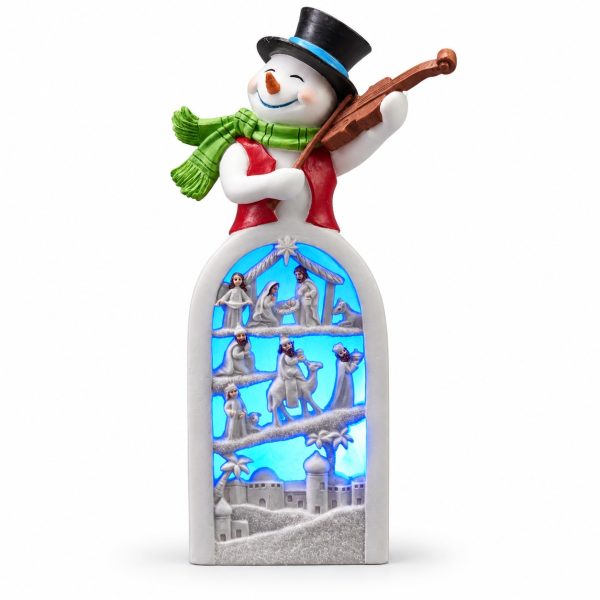 LED Resin Snowman Green-Scarf Violinist Nativity Figurine