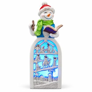 LED Resin Snowman Green-Scarf Caroler Nativity Figurine-kwa18039