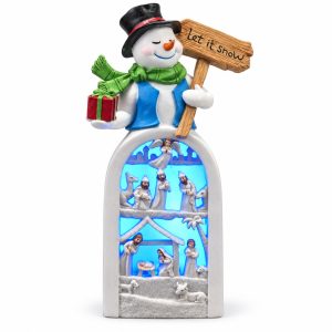 LED Resin Snowman Blue-Scarf Gift and Sign Nativity Figurine-kwa18040