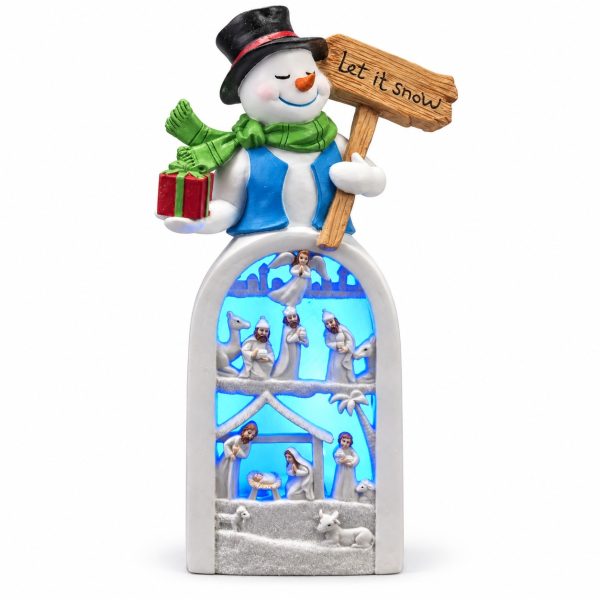 LED Resin Snowman Blue-Scarf Gift and Sign Nativity Figurine