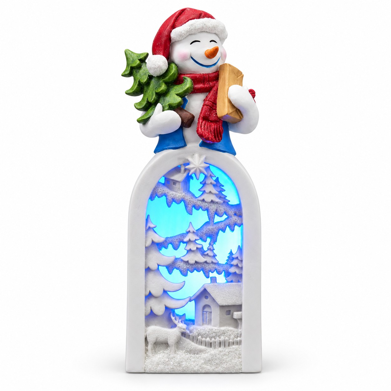 LED Resin Snowman Blue-Vest Greeter Nativity Figurine-kwa18042 LED Resin Snowman Blue-Vest Greeter Nativity Figurine-kwa18042