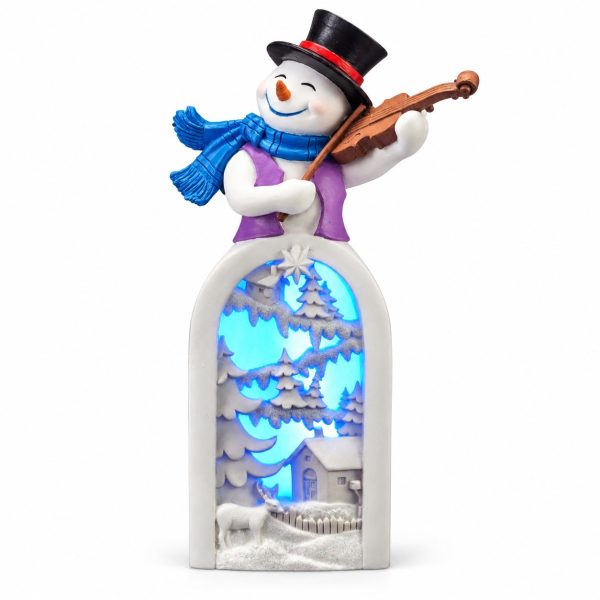LED Resin Snowman Purple-Scarf Violinist Woodland Figurine