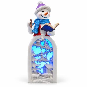 LED Resin Snowman Blue-Scarf Caroler Woodland Figurine-kwa18044