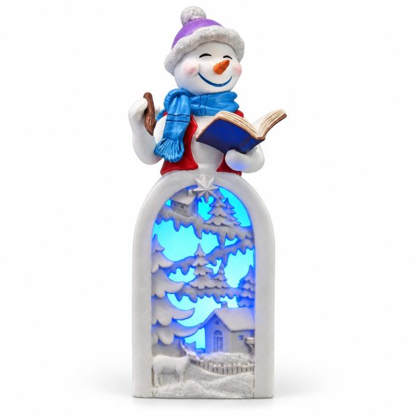 LED Resin Snowman Blue-Scarf Caroler Woodland Figurine