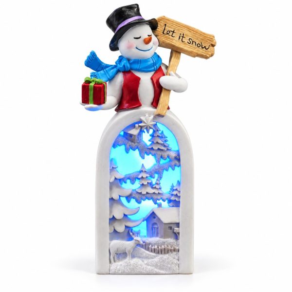 LED Resin Snowman Burgundy-Scarf Gift and Sign Figurine