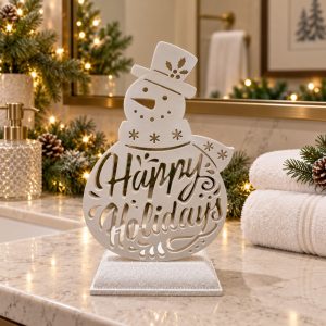 White Happy Holidays Snowman Candle Holder-kwa18080 scene