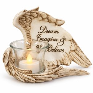 Antique Ivory Dream Believe Angel Wing Candle Holder-kws16072