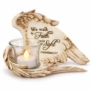 Antique Ivory Faith Scripture Angel Wing Candle Holder-kws16073