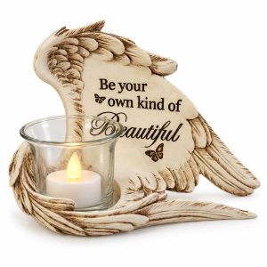 Antique Ivory Beautiful Quote Angel Wing Candle Holder-kws16074