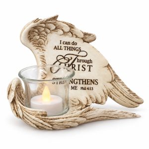 Antique Ivory Philippians 4:13 Angel Wing Candle Holder-kws16075