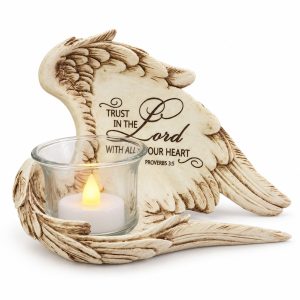 Antique Ivory Proverbs 3:5 Angel Wing Candle Holder-kws16076