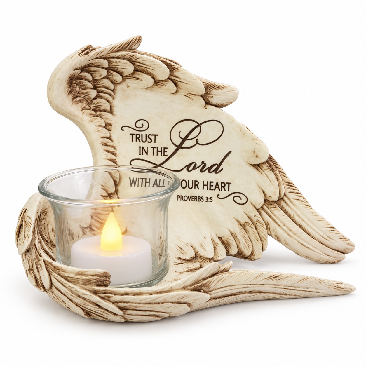 Antique Ivory Proverbs 3:5 Angel Wing Candle Holder-kws16076 Antique Ivory Proverbs 3:5 Angel Wing Candle Holder-kws16076